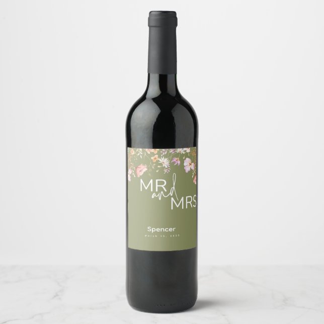 Olive Wildflowers Wine Bottle for Wedding Label (Front)