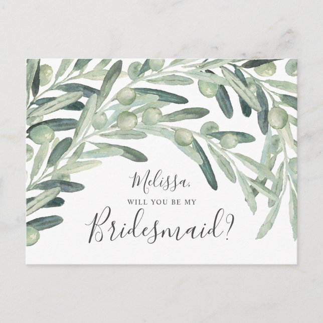 Olive Will You Be My Bridesmaid Invitation Postcard (Front)