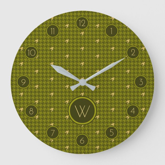 Olive with Gold Accent Houndstooth Clock (Front)
