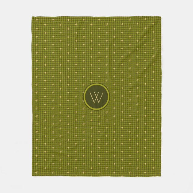 Olive with Gold Accent Houndstooth Fleece Blanket (Front)