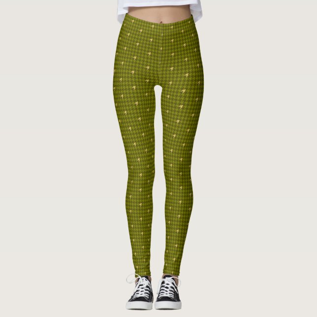 Olive with Gold Accent Houndstooth Leggings (Front)