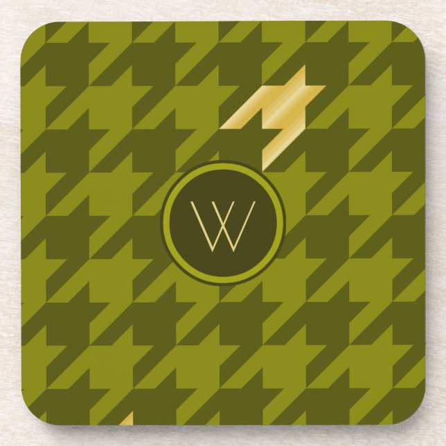 Olive with Gold Accent Houndstooth Square Coaster (Front)