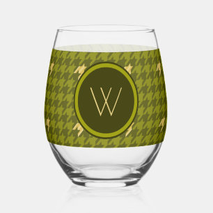 Olive with Gold Accent Houndstooth Stemless Wine Glass