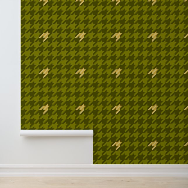 Olive with Gold Accent Houndstooth Wallpaper (Application)