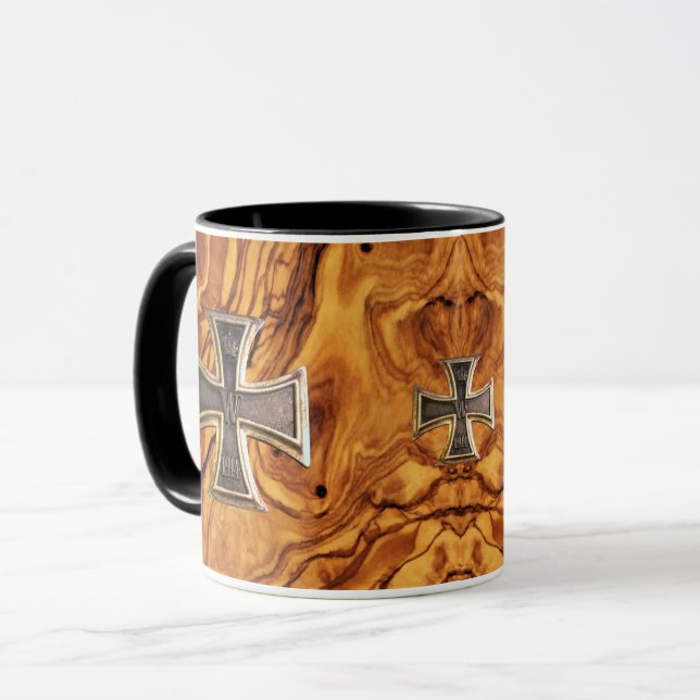 Olive wood, burl wood finish with iron cross mug (Front Left)
