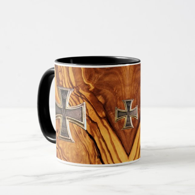 Olive wood, burl wood finish with iron cross mug (Front Left)
