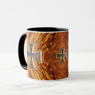 Olive wood, burl wood finish with iron cross mug