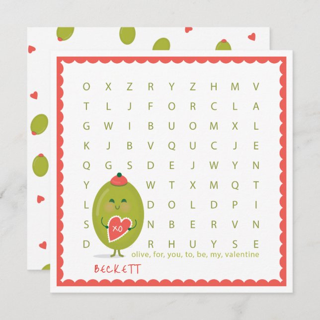 Olive Word Find Classroom Valentine Cards (Front/Back)