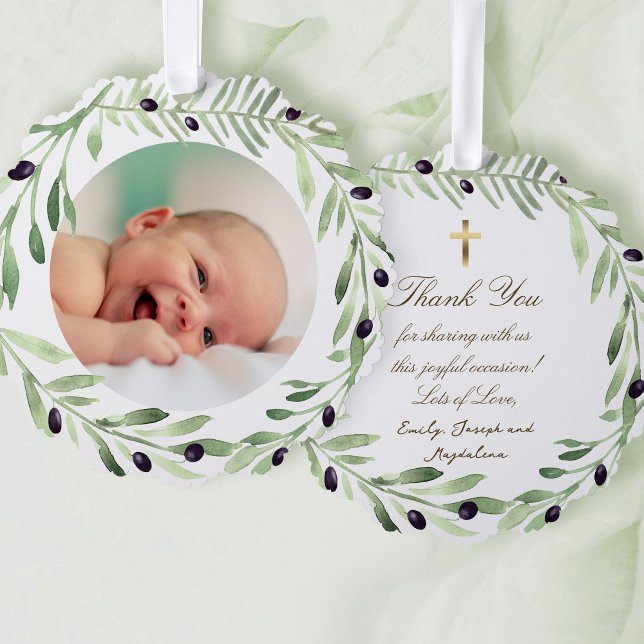 olive wreath Baptism thank you Tree Decoration Card (Creator Uploaded)