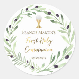 olive wreath First holy Communion Classic Round Sticker