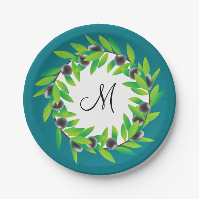 Olive Wreath Monogram Paper Plate (Front)