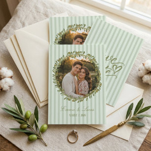 Olive Wreath Photo Striped Save the Date Card