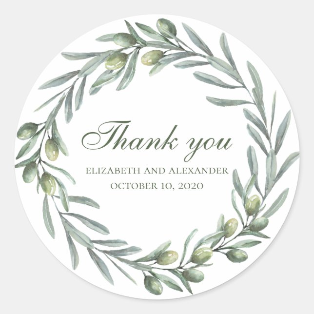 Olive wreath thank you. Summer italian wedding Classic Round Sticker (Front)