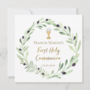 olive wreath watercolor First holy Communion Invitation