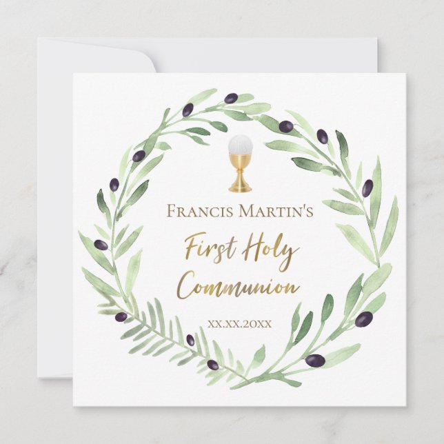 olive wreath watercolor First holy Communion Invitation (Front)