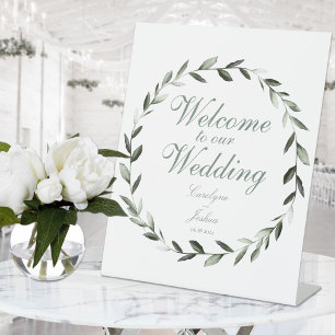 Olive Wreath Welcome To Our Wedding Elegant Pedestal Sign