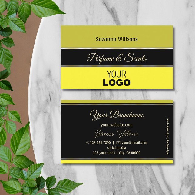 Olive Yellow Borders on Black Modern with Logo Business Card (Creator Uploaded)