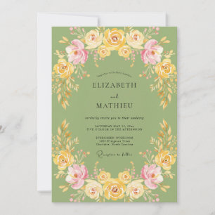 Olive Yellow Ranunculus Eucalyptus Wedding Invitation