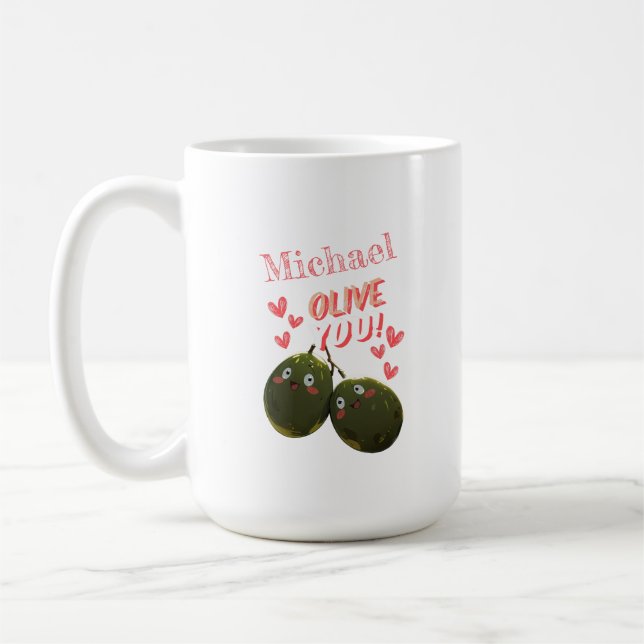 Olive You Two Olives Hearts Coffee Mug (Left)