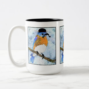 Oliver Bluebird with moustache, bowler mug
