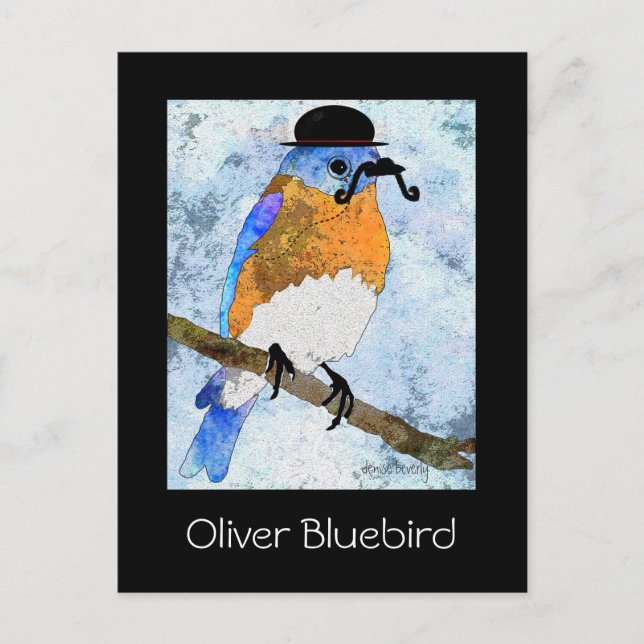 Oliver Bluebird with moustache, bowler postcards (Front)
