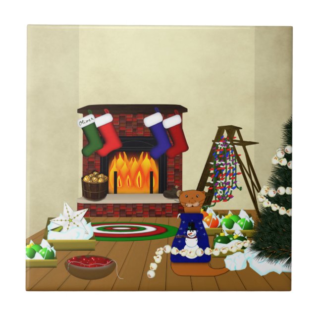 Oliver Decorates for Christmas Ceramic Tile (Front)