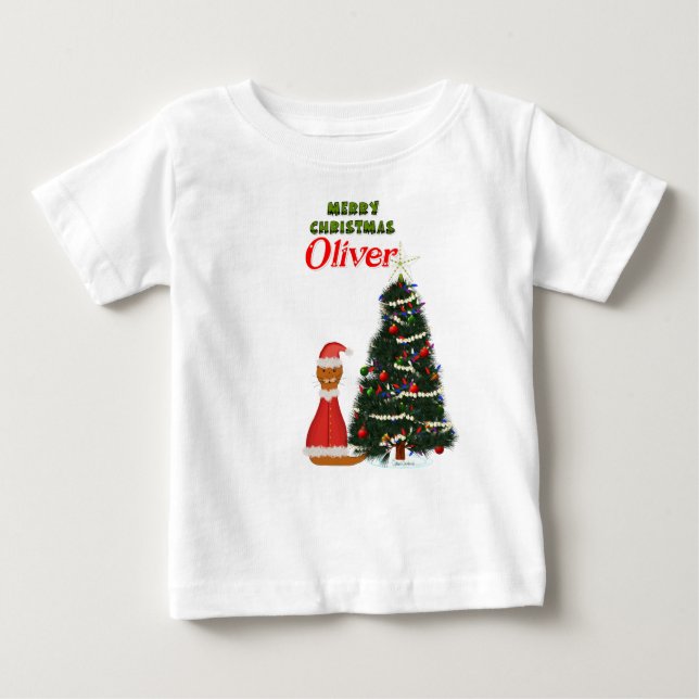 Oliver Dressed as Santa by His Christmas Tree Baby T-Shirt (Front)