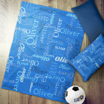 Oliver personalised name shades of blue fleece blanket<br><div class="desc">Typographic short name text blue, dark blue, muted blue, and sky blue, on a royal bright blue background custom name blanket design. Background colour can be changed if required. Fun personalised graphic text personalised blanket. Ideal for the car, camping for winter nights, or trips out. Personalise with your own short...</div>