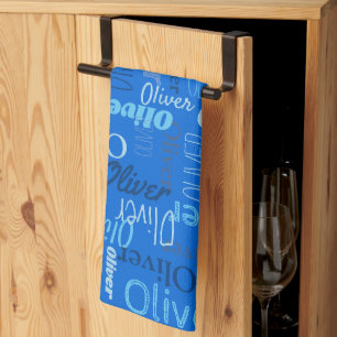 Oliver personalized name shades of blue tea towel