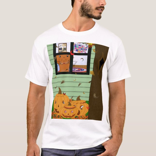 Oliver The Otter Looking at Jack-o-Lanterns T-Shirt (Front)