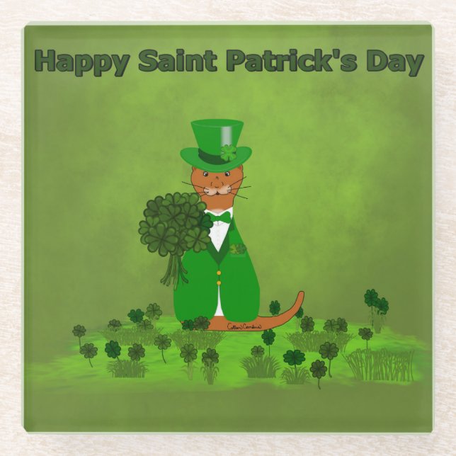 Oliver The Otter Picking Shamrocks- Saint Patrick Glass Coaster (Front)