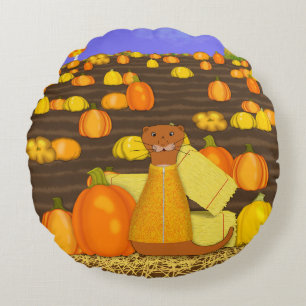 Oliver The Otter Picks a Pumpkin Round Cushion