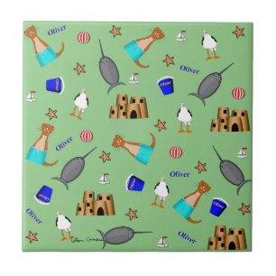 Oliver The Otter Summer Beach Vacation Pattern Ceramic Tile