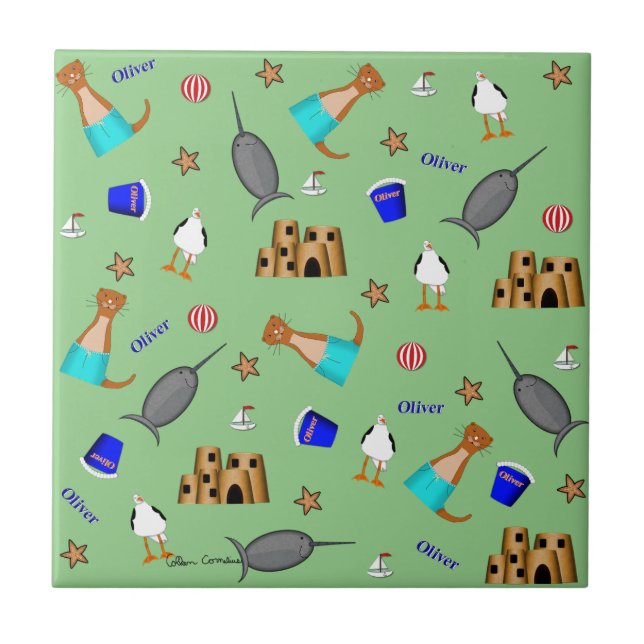 Oliver The Otter Summer Beach Vacation Pattern Ceramic Tile (Front)