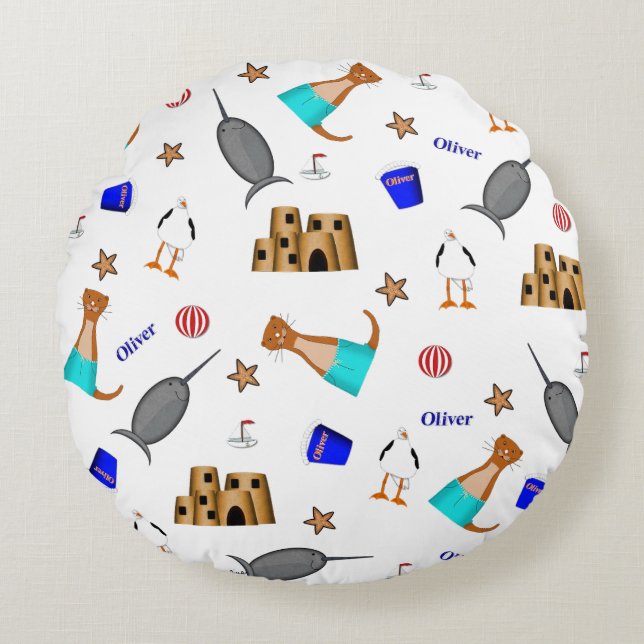Oliver The Otter Summer Beach Vacation Pattern Round Cushion (Front)