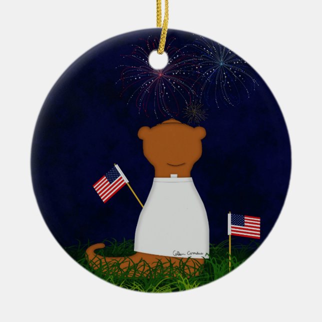 Oliver The Otter Watching Fireworks Ceramic Ornament (Front)