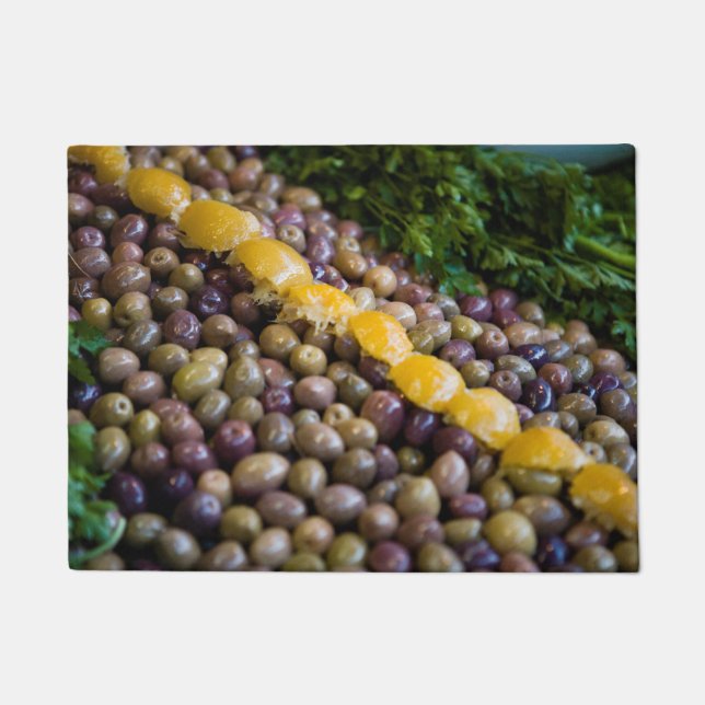 Olives Displayed At Market Doormat (Front)