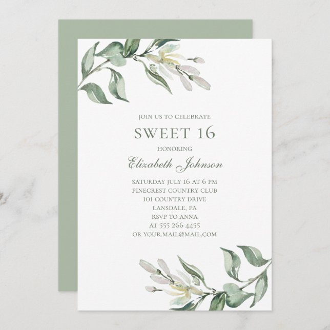Olives. Flowers Sweet 16. Summer 16th birthday Invitation (Front/Back)