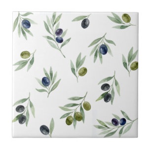 Olives Green Watercolor Botanical Chic Pattern Ceramic Tile