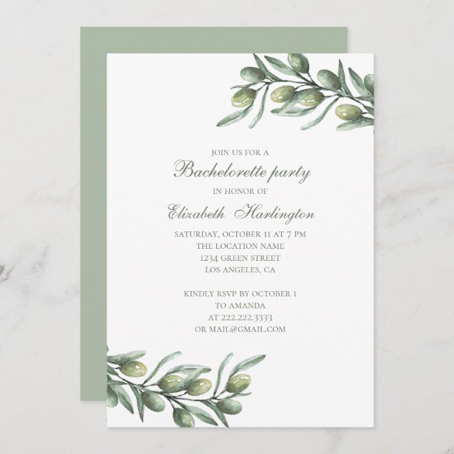 Olives. Italian bachelorette party. Summer botanic Invitation (Front/Back)