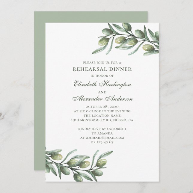 Olives. Italian rehearsal dinner. Summer botanical Invitation (Front/Back)