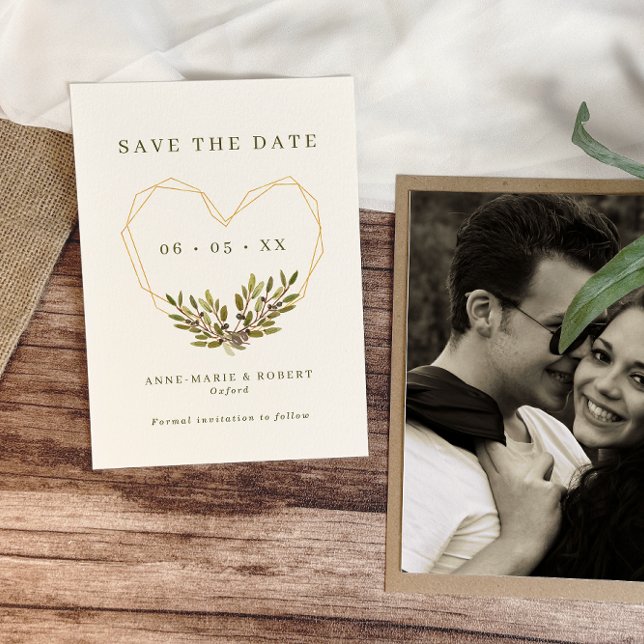 Olives & Leaves Geometric Heart Wedding Photo Save The Date (Creator Uploaded)