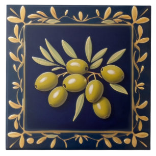 Olives Navy Blue Green Olive Leaves Mediterranean Ceramic Tile