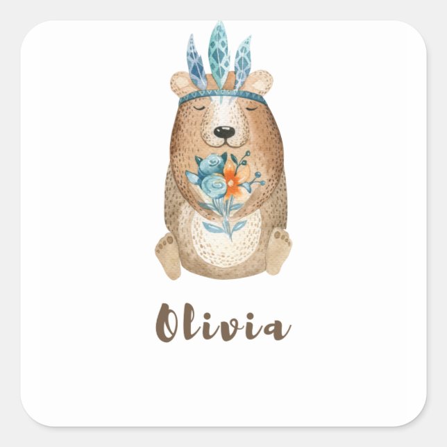 Olivia Boho Bear Square Sticker (Front)