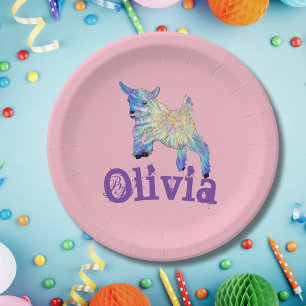 Olivia Colourful Cute Baby Goat Jumping Animal Art Paper Plate
