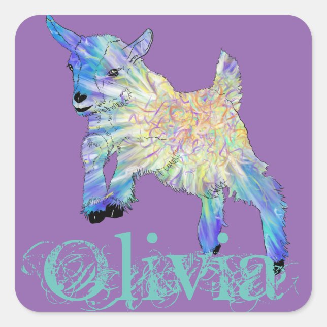 Olivia Colourful Cute Baby Goat Jumping Animal Art Square Sticker (Front)