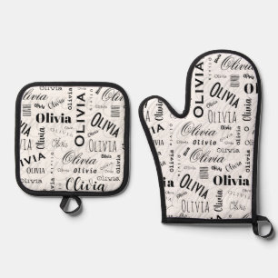 Olivia Custom Name Black White Oven Mitt & Pot Holder Set
