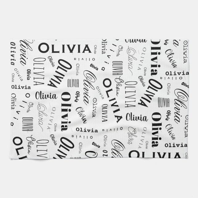 Olivia Custom Name Black White  Tea Towel (Horizontal)