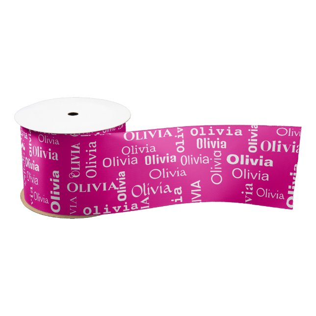 OLIVIA Custom Name On Neon Pink Satin Ribbon (Spool)