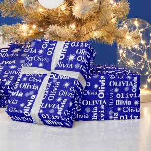 OLIVIA Custom Name With Snowflakes On Blue Wrapping Paper